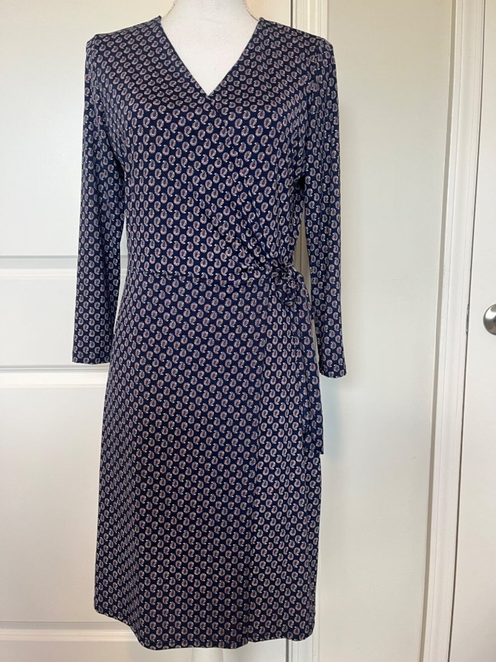 Navy & Pink Long-Sleeve Wrap Dress By Gilli USA Womens V-Neck Paisley Size M